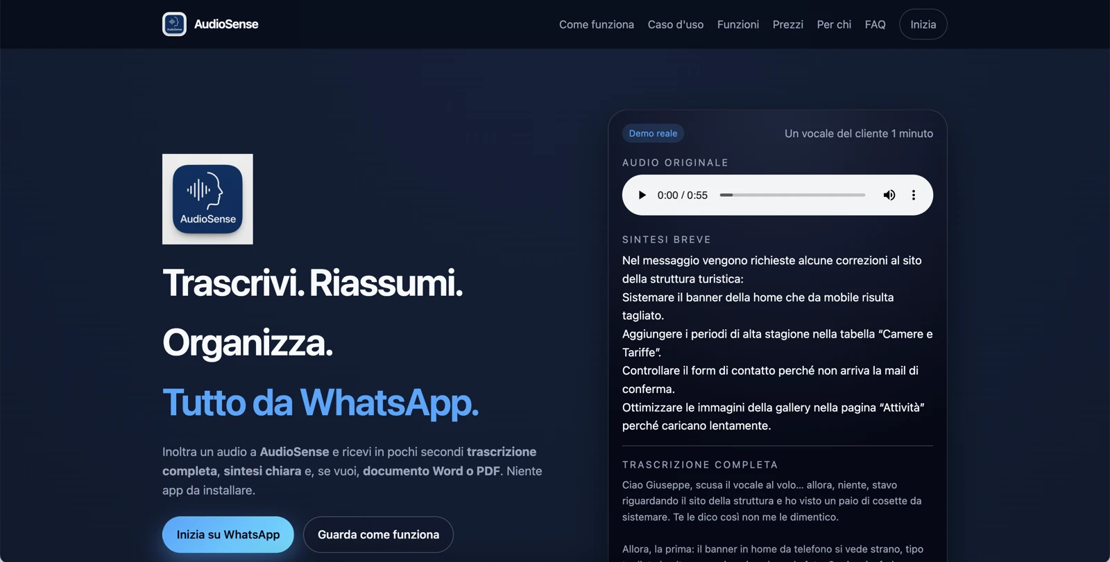 AudioSense website: transcription, summaries and documents through WhatsApp