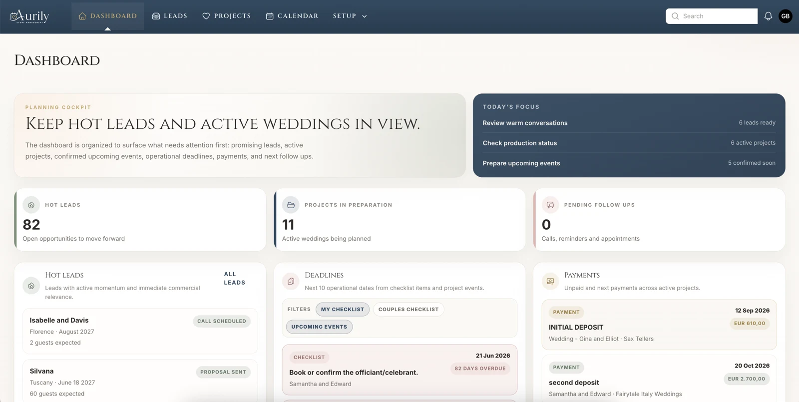 Aurily dashboard for leads, projects, deadlines and payments