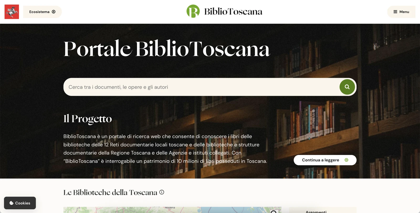 BiblioToscana homepage with catalogue search