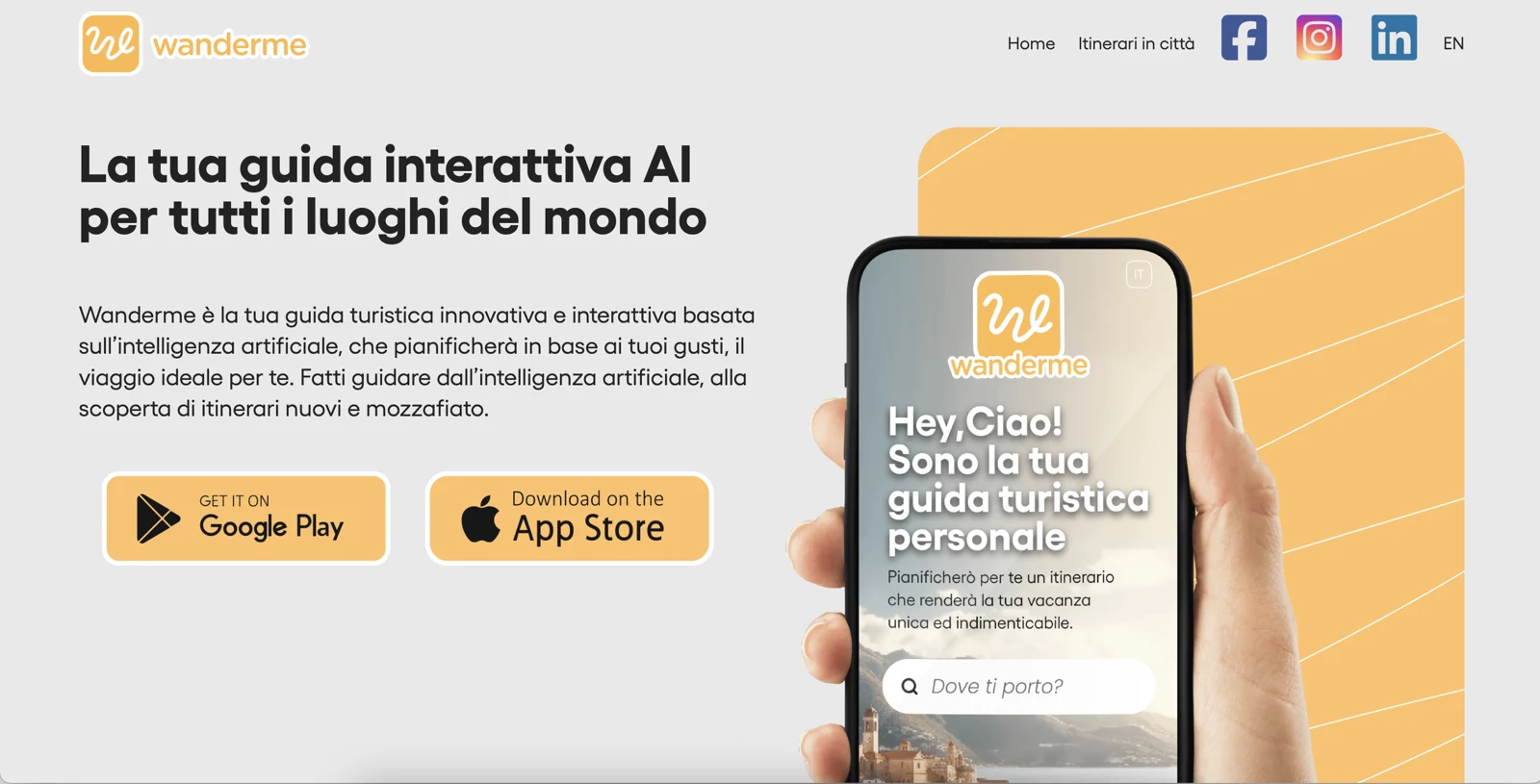 WanderMe homepage presenting the AI travel guide and mobile apps